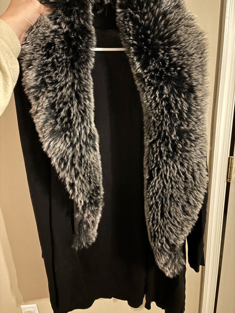 Black Cardigan sweater with Silver-Gray Faux Fur Collar